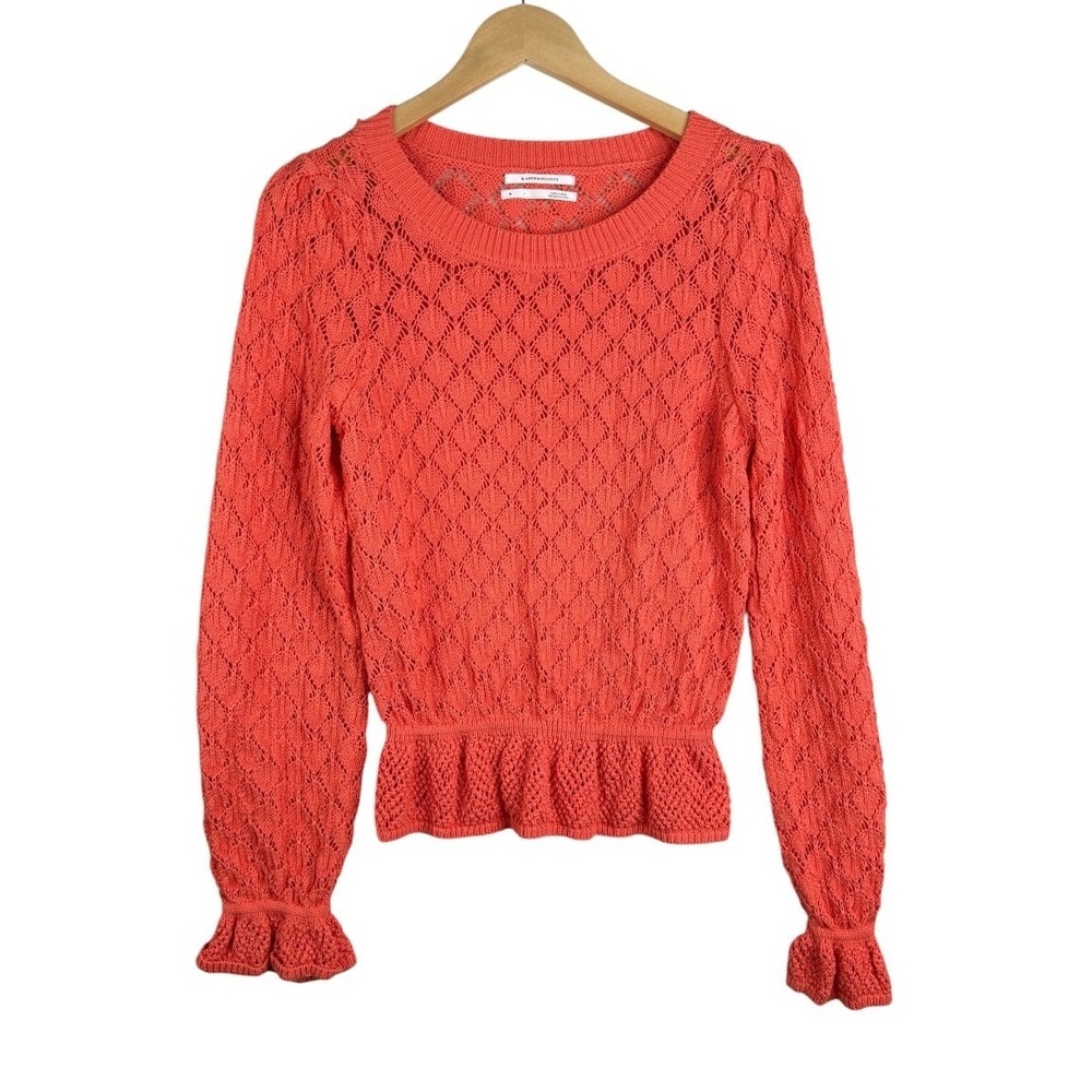 Anthropologie Womens Flounce Hem Pointelle Sweater Size Medium Tangerine Orange